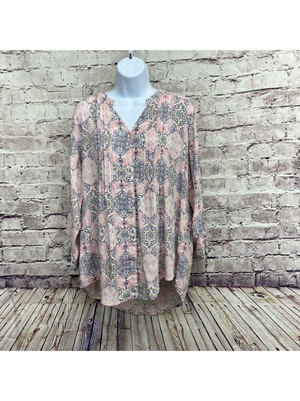 La Cera Pink Damask Print V Neck Long Sleeve Blouse